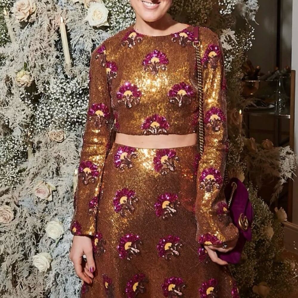 La DoubleJ Holly sequined cropped top gold floral print long sleeve small